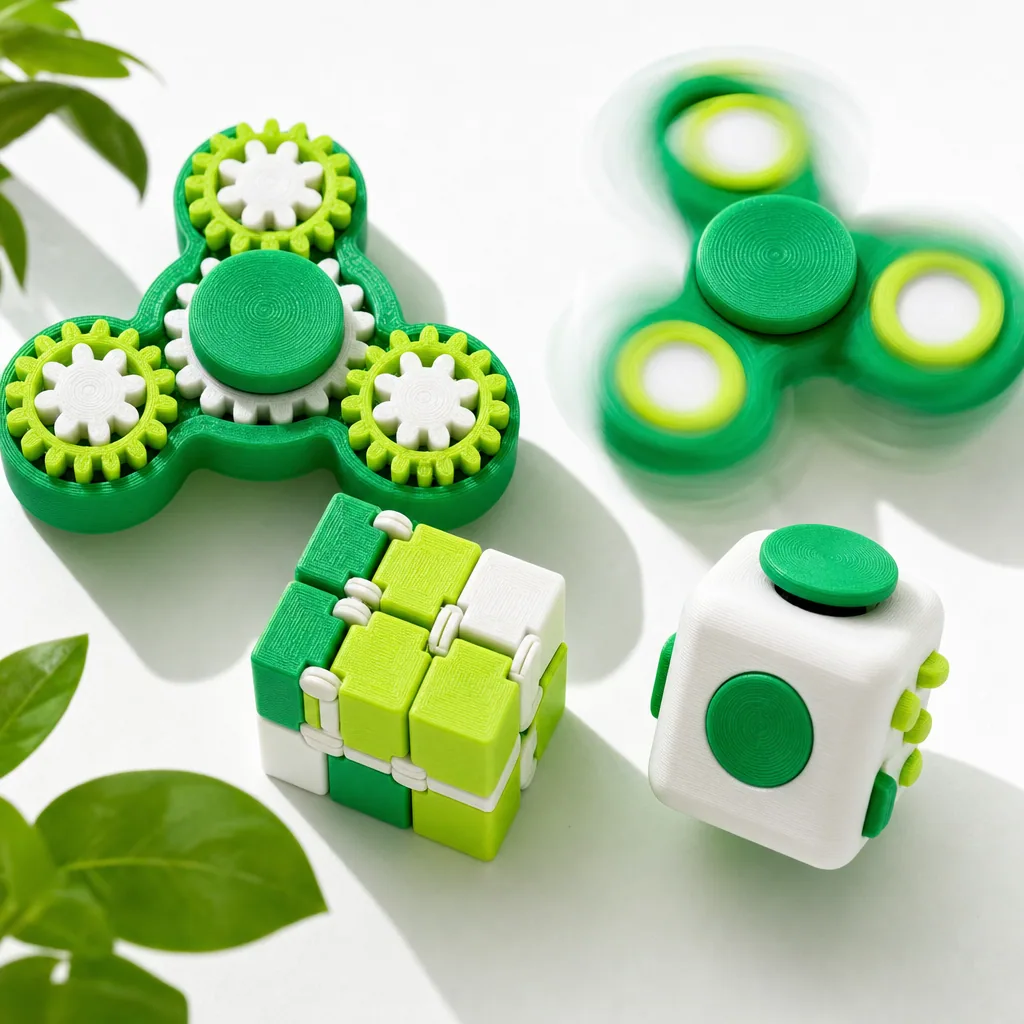 Yeşil ve beyaz 3D baskı fidget spinner'lar ve fidget küp