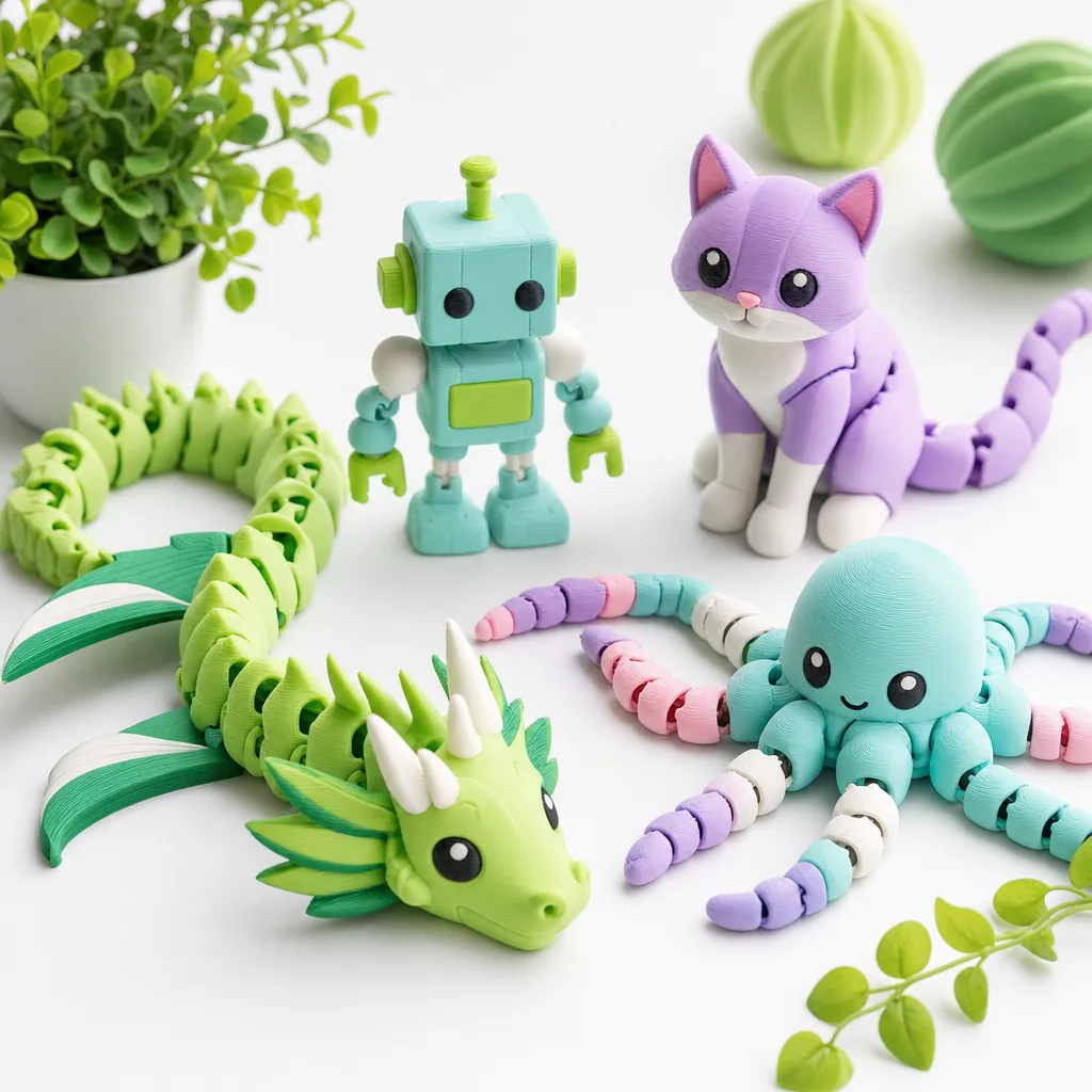 Pastel ve yeşil renklerde eklemli 3D baskı oyuncak figürler