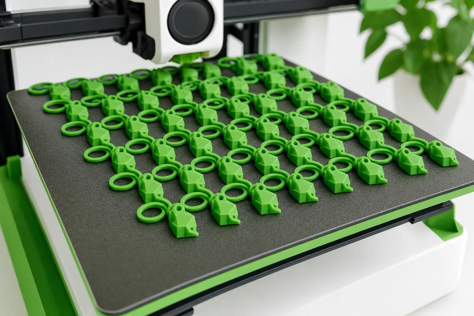 3D yazıcı tablasında seri üretilen onlarca aynı yeşil anahtarlık